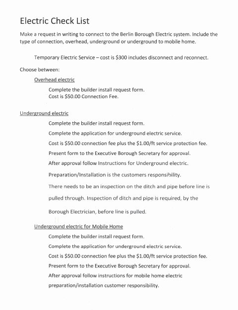 First page of the Electric Check List