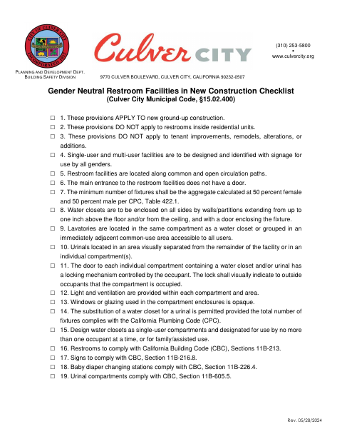 First page of the Gender Neutral Restroom Facilities in New Construction Checklist