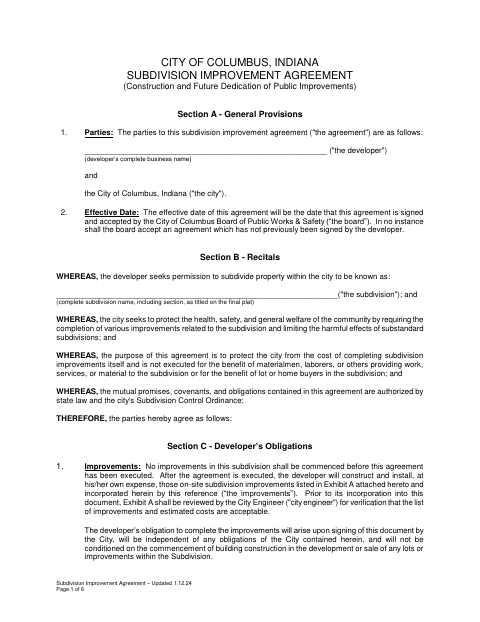 First page of the Subdivision Improvement Agreement