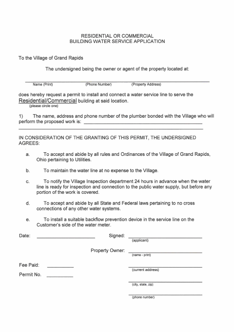 First page of the Residential or Commercial Building Water Service Application