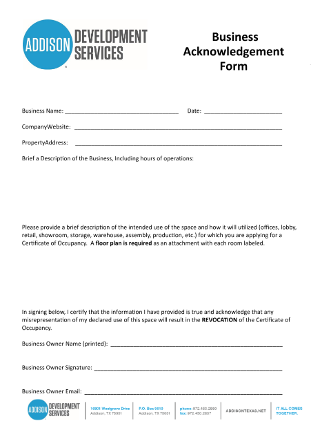First page of the Business Acknowledgement Form