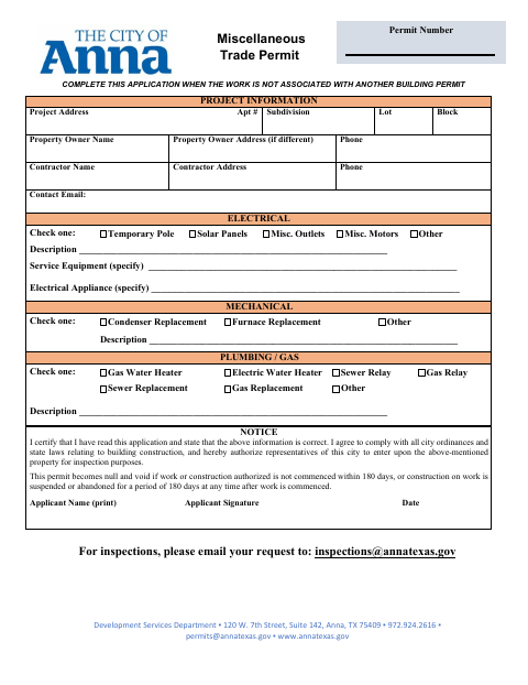 First page of the Miscellaneous Trade Permit
