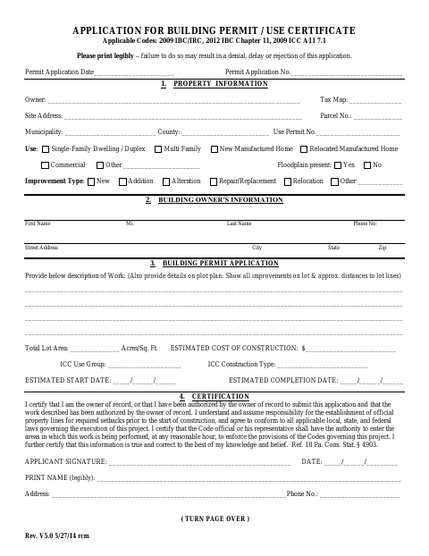 First page of the Application for Building Permit / Use Certificate