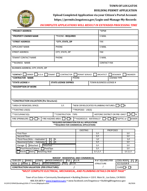 First page of the Building Permit Application