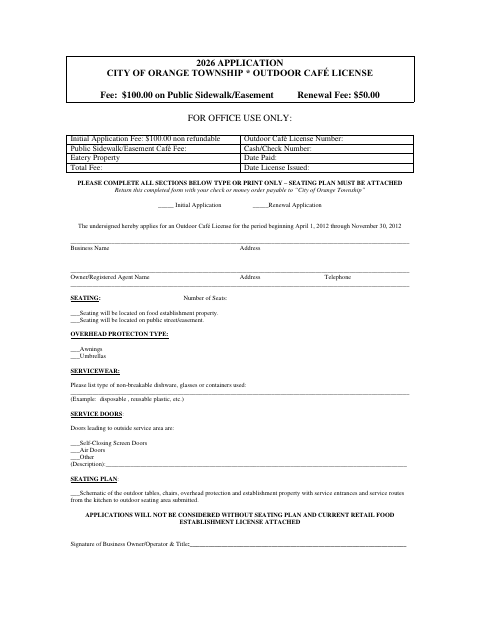 First page of the Outdoor Café License Application
