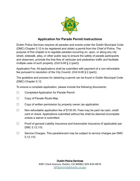 First page of the Application for Parade Permit