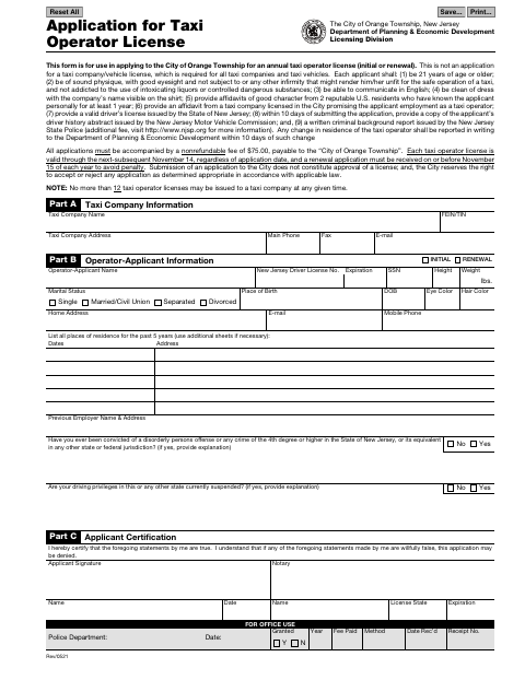 First page of the Taxi Operator License Application