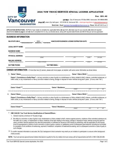First page of the Tow Truck Service Special License Application