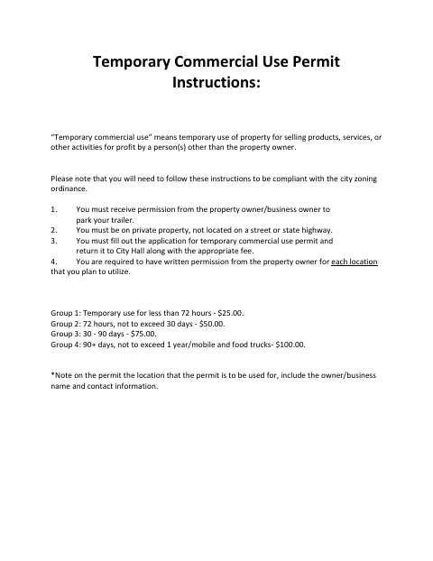 First page of the Temporary Commercial Use Permit