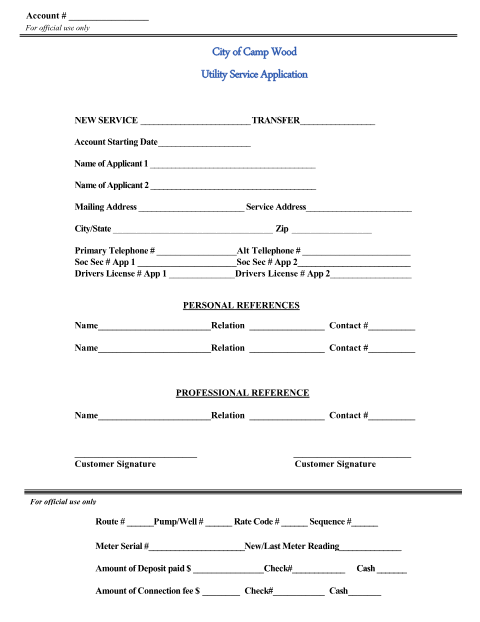 First page of the Utility Service Application