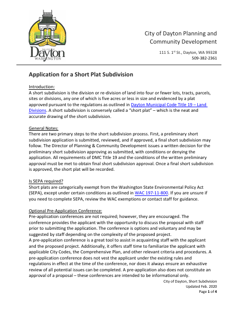 First page of the Application for a Short Plat Subdivision