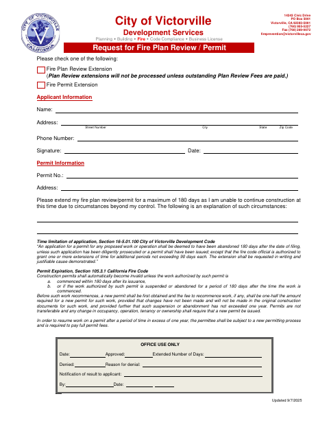 First page of the Request for Fire Plan Review / Permit