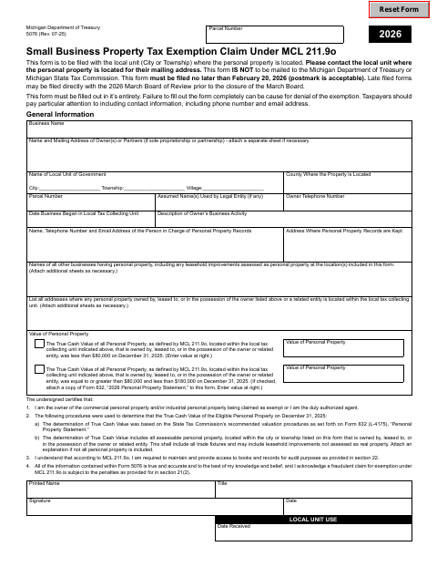 First page of the Small Business Property Tax Exemption Claim