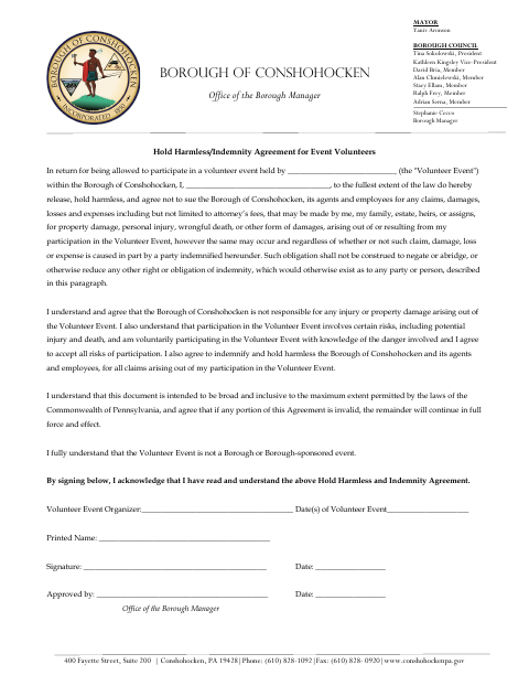 First page of the Hold Harmless and Indemnity Agreement for Event Volunteers