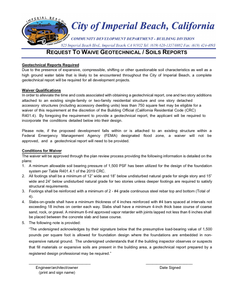 First page of the Request to Waive Geotechnical/Soils Reports