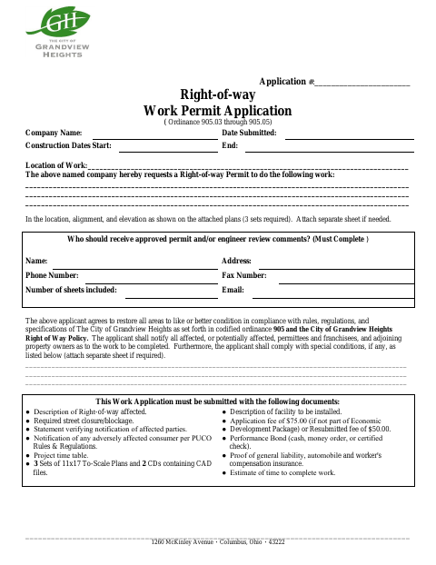 First page of the Right-of-Way Work Permit Application