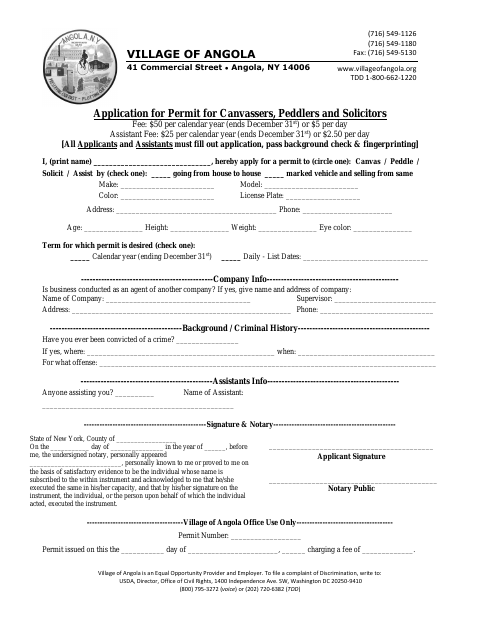 First page of the Application for Permit for Canvassers, Peddlers and Solicitors