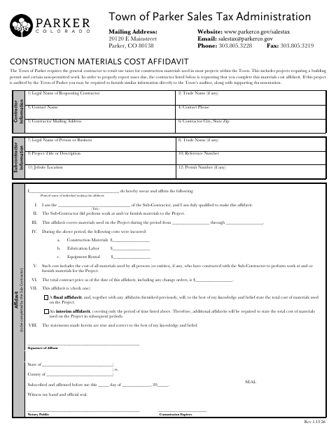 First page of the Construction Materials Cost Affidavit