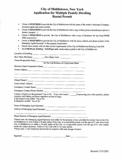 First page of the Application for Multiple Family Dwelling Rental Permit