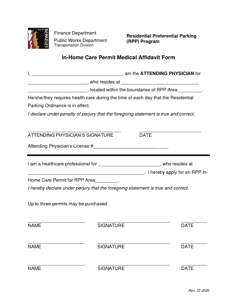 First page of the In-Home Care Permit Medical Affidavit Form