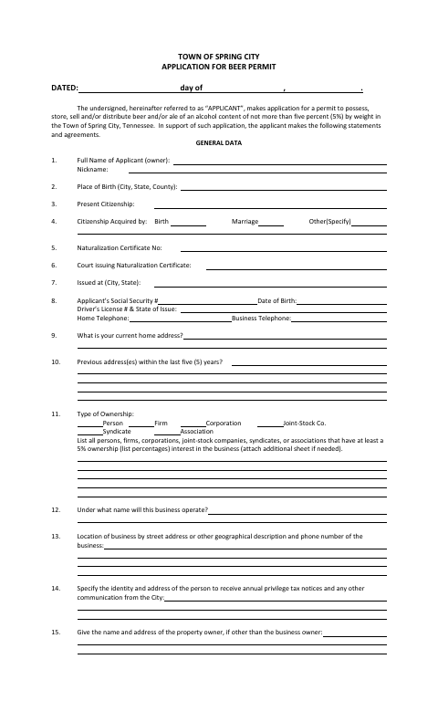 First page of the Beer Permit Application