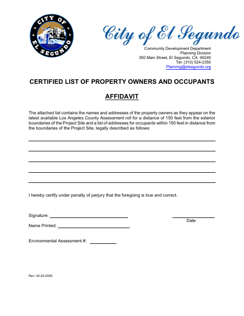 First page of the Certified List of Property Owners and Occupants Affidavit