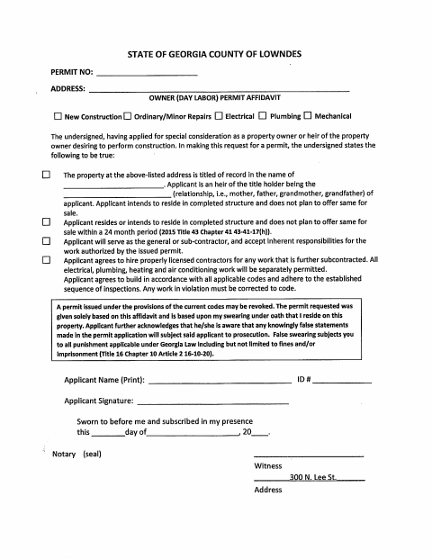 First page of the Owner Day Labor Permit Affidavit
