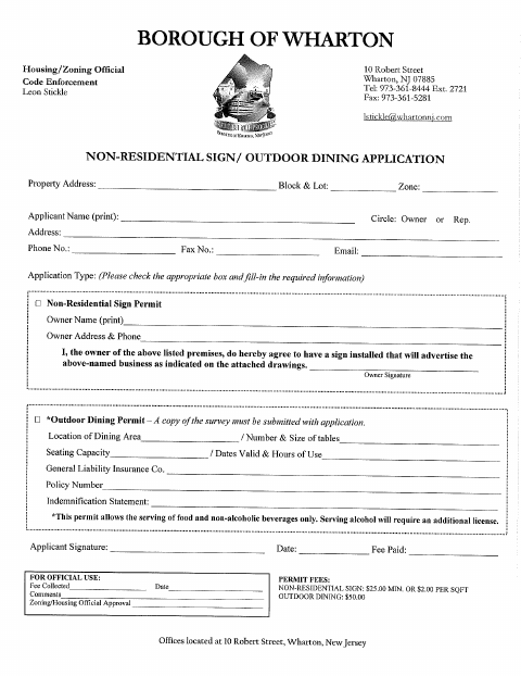 First page of the Non-Residential Sign/Outdoor Dining Application