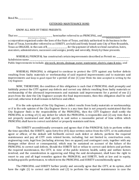 First page of the Extended Maintenance Bond