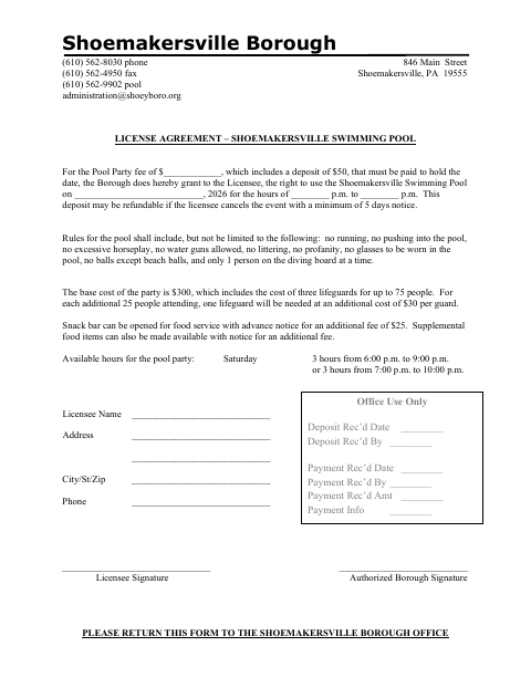 First page of the Swimming Pool License Agreement