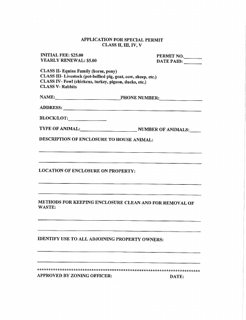 First page of the Application for Special Permit Animals Class II, III, IV & V
