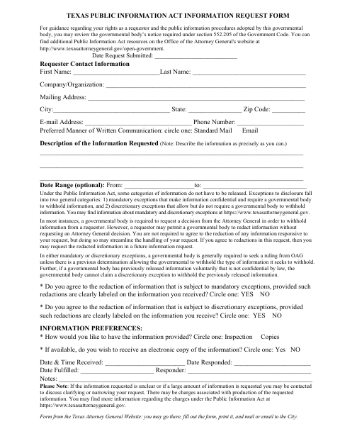 First page of the Texas Public Information Act Information Request Form