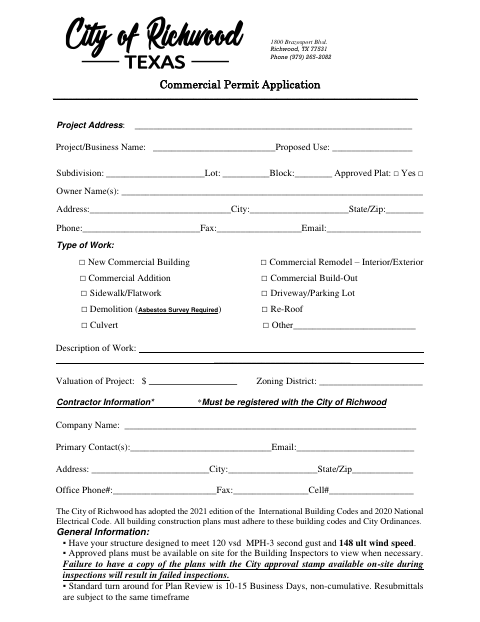First page of the Commercial Permit Application