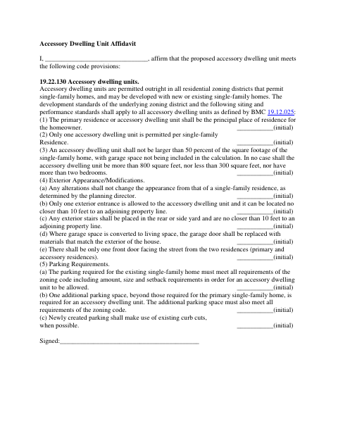 First page of the Accessory Dwelling Unit Affidavit