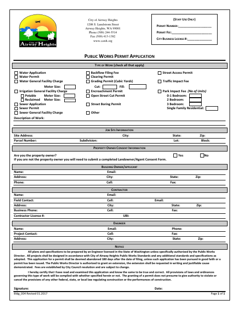First page of the Public Works Permit Application