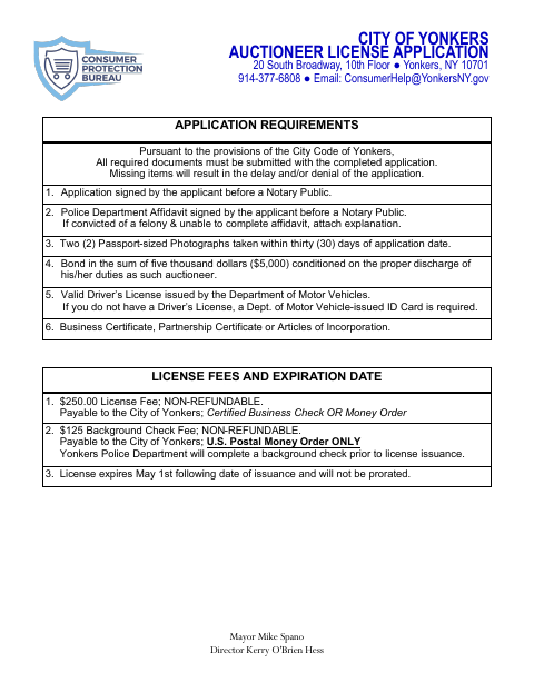 First page of the Auctioneer License Application
