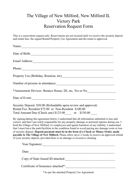 First page of the Victory Park Reservation Request Form
