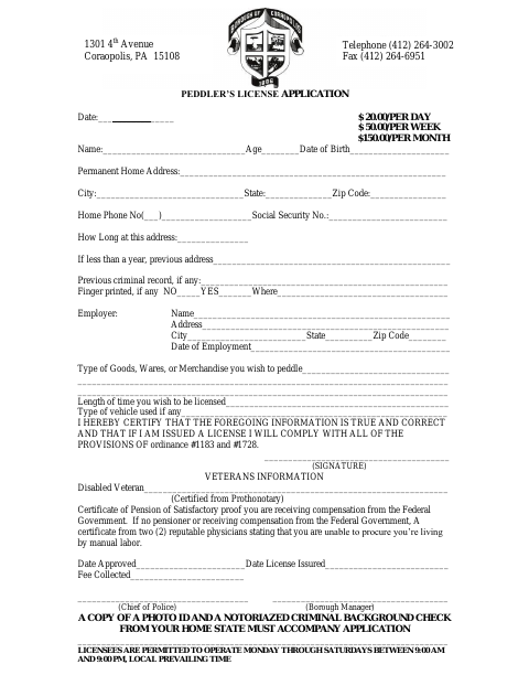 First page of the Peddler's License Application