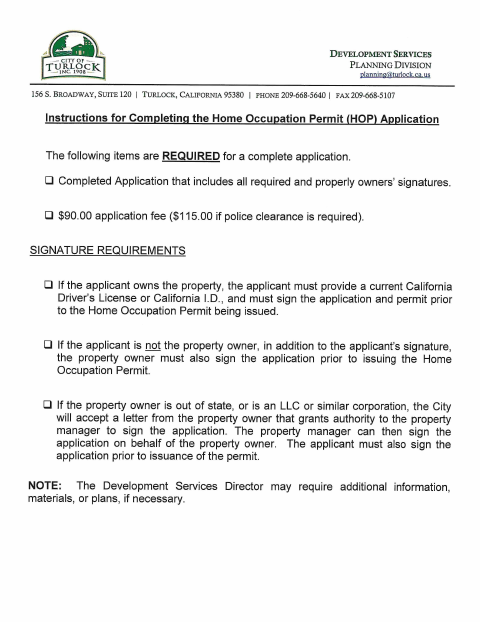 First page of the Home Occupation Permit Application