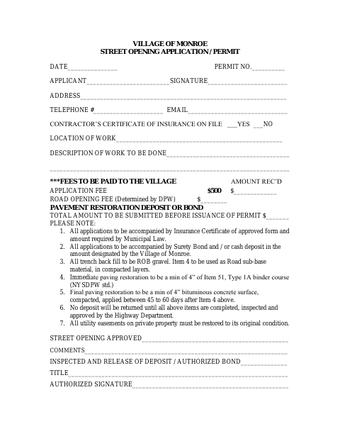 First page of the Street Opening Application / Permit