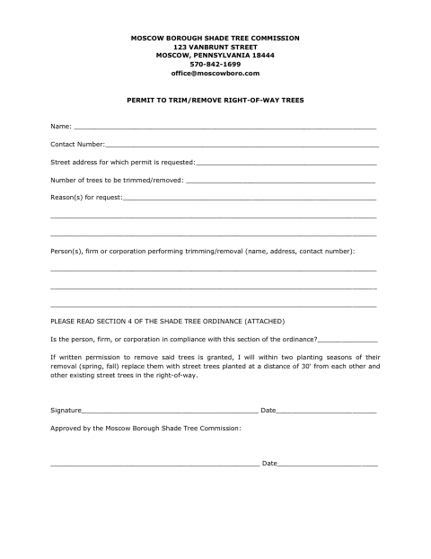 First page of the Permit to Trim or Remove Right-of-Way Trees