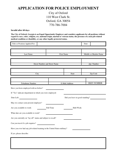 First page of the Police Employment Application
