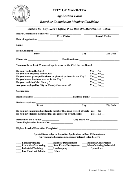 First page of the Board or Commission Member Candidate Application