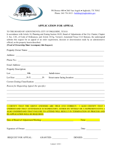 First page of the Application for Appeal to the Board of Adjustments