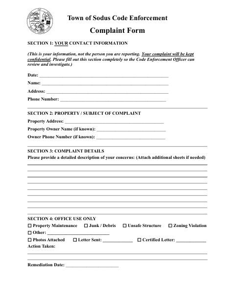 First page of the Code Enforcement Complaint Form