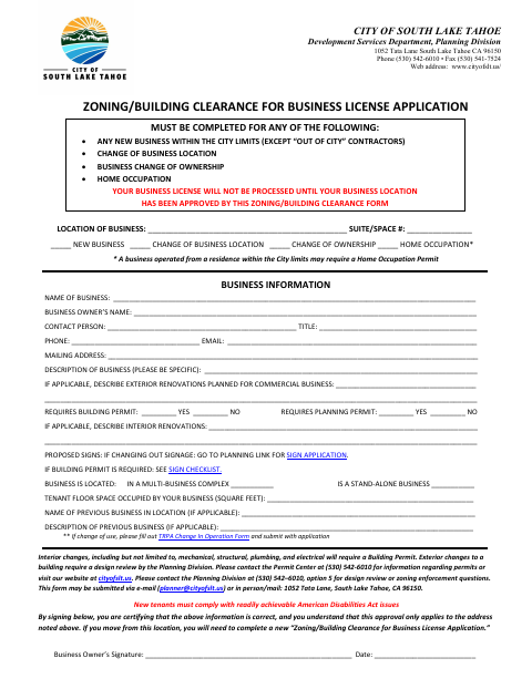 First page of the Zoning/Building Clearance for Business License Application