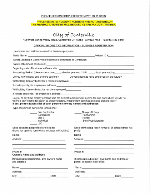 First page of the Business Income Tax Registration