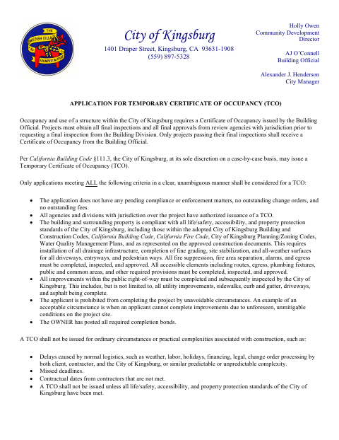 First page of the Application for Temporary Certificate of Occupancy (TCO)
