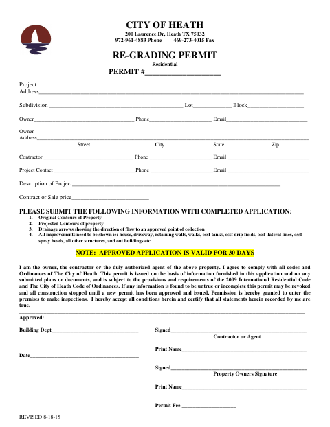 First page of the Re-Grading Permit Application
