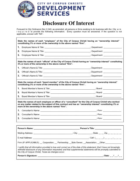 First page of the Disclosure of Interest Form